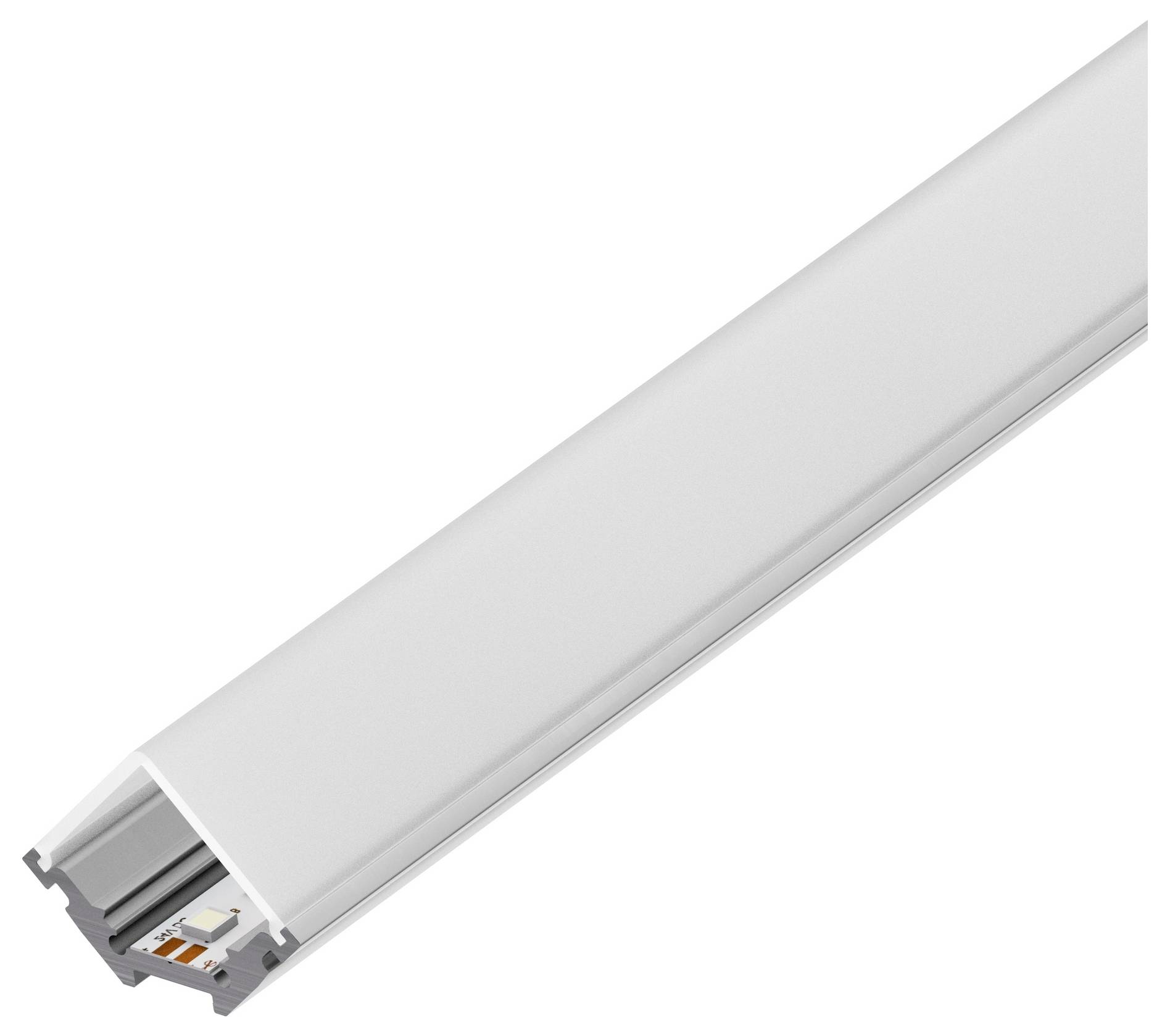 Aluminiumprofil mit mattierter Abdeckung, das einen LED-Streifen beherbergt, das für bündige Beleuchtungsanwendungen verwendet wird.