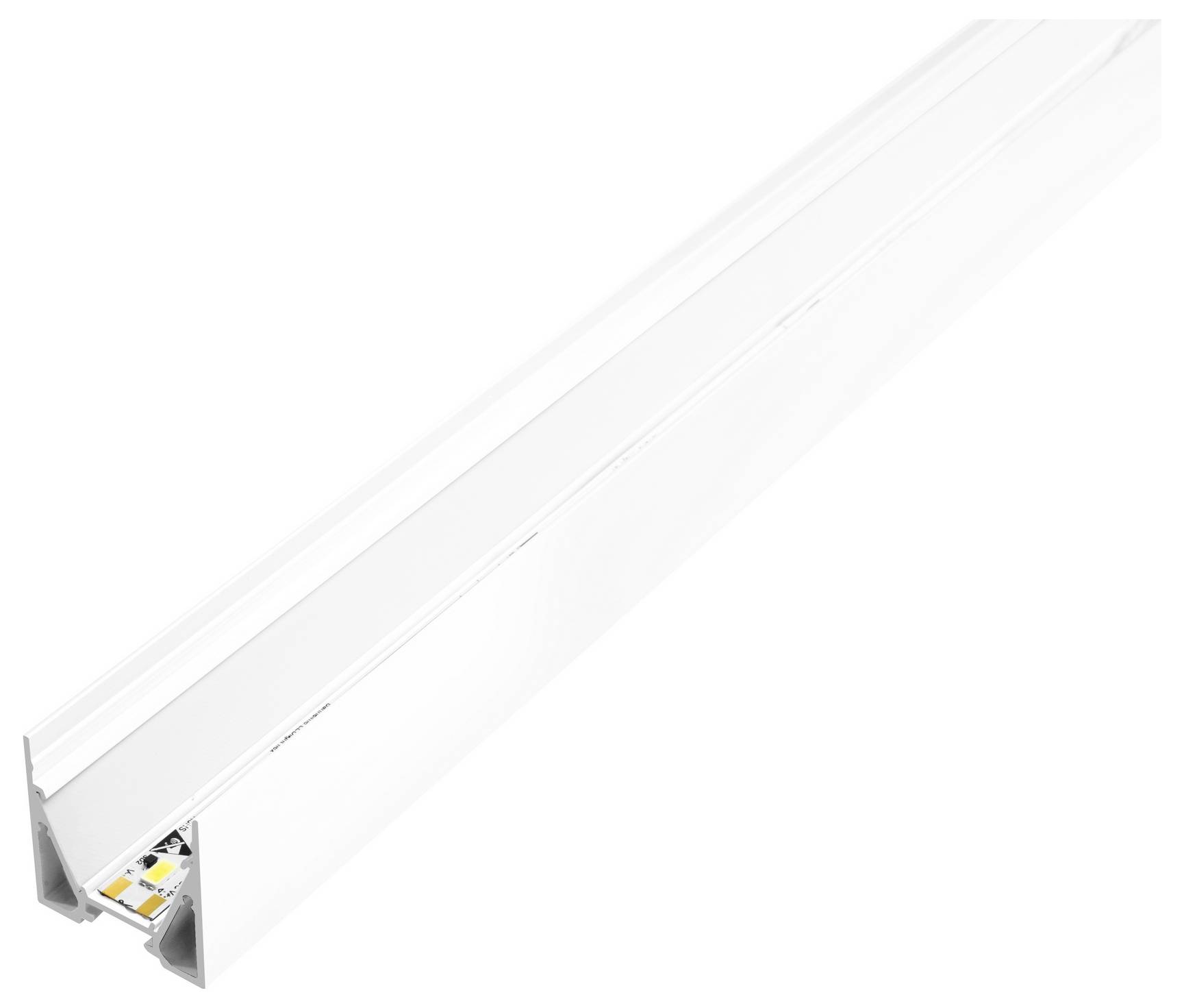 Weiße Schienenstrahler-Leuchte mit interner Verdrahtung, zum Halten und Positionieren von LED-Leuchten ausgelegt. Rechteckige Form mit gerillten Seitenflächen.
