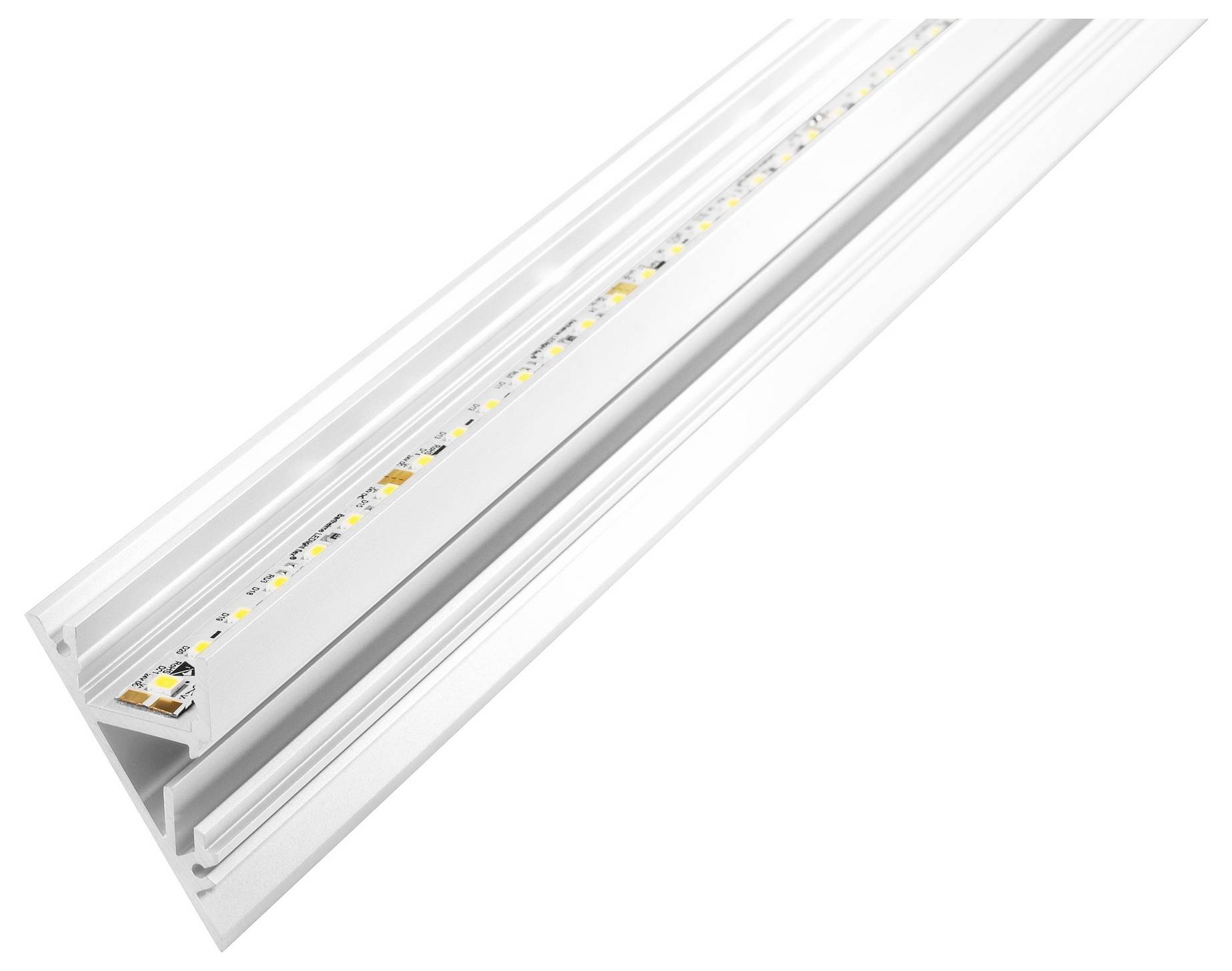 Ein V-förmiges Aluminium-LED-Profilgehäuse mit einem LED-Lichtstreifen, das für die Installation in Ecken konzipiert ist und indirekte Beleuchtung bietet.