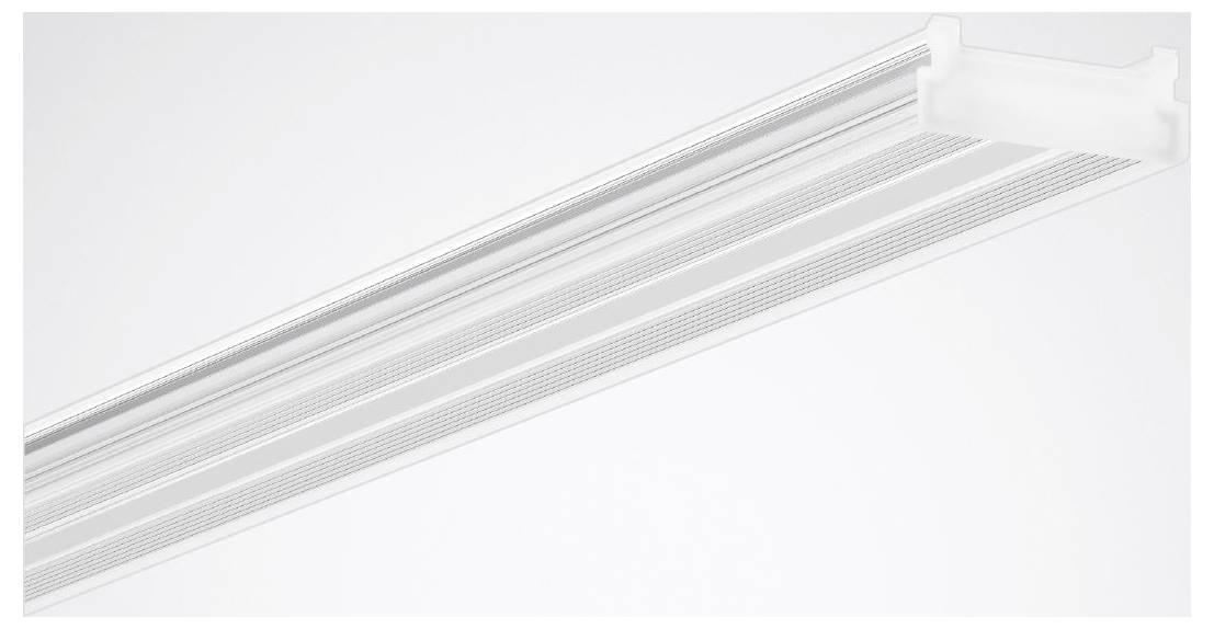 Eine weiße, an der Decke montierte Leuchtstoffleuchte mit rechteckigem Design und prismatischem Streulicht-Diffusor zur gleichmäßigen Lichtverteilung.