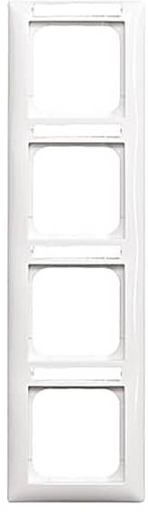 Ein weißer senkrechter Rahmen mit vier rechteckigen Öffnungen, konzipiert zur Aufnahme von Lichtschaltern oder Steckdosen.