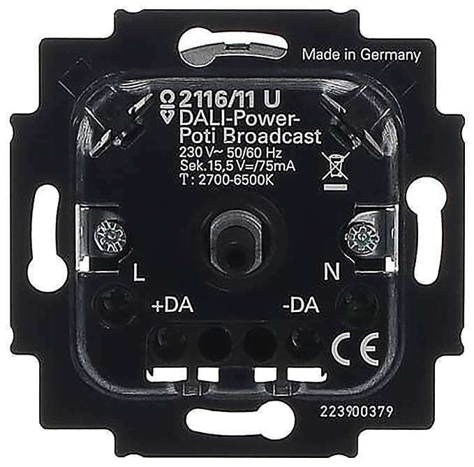 'DALI-Power-Poti Broadcast' Gerät mit Spezifikationen: 230 V, 50/60 Hz, 15,5 V, 75 mA, Temperaturbereich 2700-6500K, 'Made in Germany'.