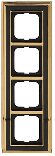 Ein vertikales, rechteckiges Lichtschalter-Panel mit vier leeren Schlitzen, ausgestattet mit einer Goldeinfassung und einem schwarzen Inneren.