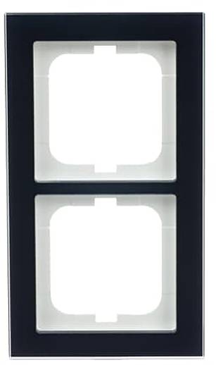 Ein zweifach-Schaltrahmen in Schwarz mit zwei offenen Aussparungen für die Installation von Schaltern oder Steckdosen, vor weißem Hintergrund.