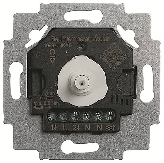 Wandmontiertes Drehschalter-Thermostat mit Anschllussklemmen und gekennzeichneten Verdrahtungsanweisungen, montiert auf einem metallischen Befestigungsrahmen.