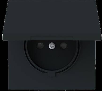 Eine schwarze Steckdose mit Schutzabdeckung, dargestellt geschlossen.