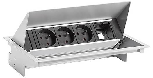 Steckerleiste zum Einintegieren in Möbel konzipiert, mit einer zentralen Steckdose und zwei USB-Ladeanschlüssen auf einem rechteckigen Paneel.