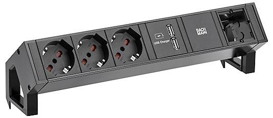 Steckerleiste mit drei europäischen Steckdosen, zwei USB-Ladeanschlüssen und einer zusätzlichen Steckdose am Ende; gekennzeichnet mit 