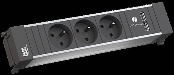 Steckerleiste mit drei europäischen Steckdosen und zwei USB-Anschlüssen zum Aufladen, gekennzeichnet mit 