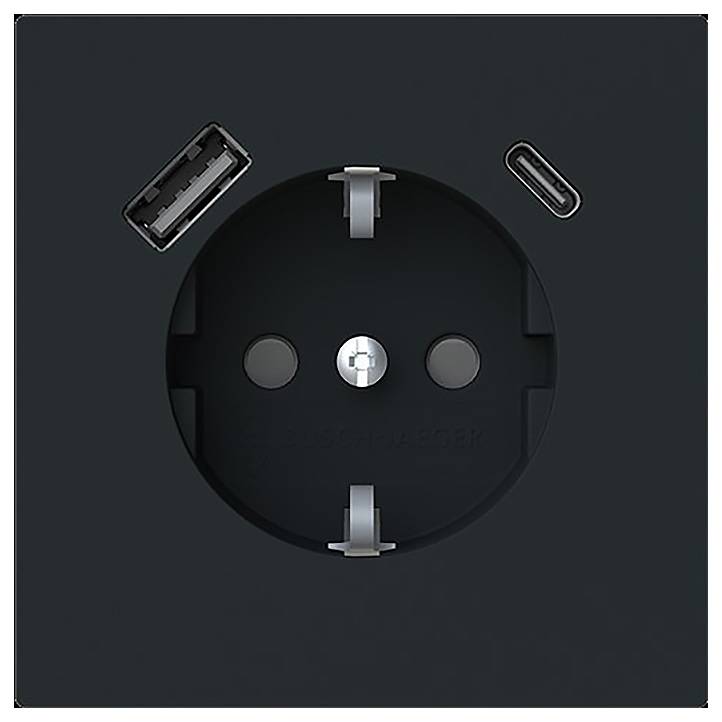 Eine dunkel gefärbte Steckdose mit einer runden Buchse, begleitet von einem USB-A- und einem USB-C-Anschluss, geeignet zum vielseitigen Laden.