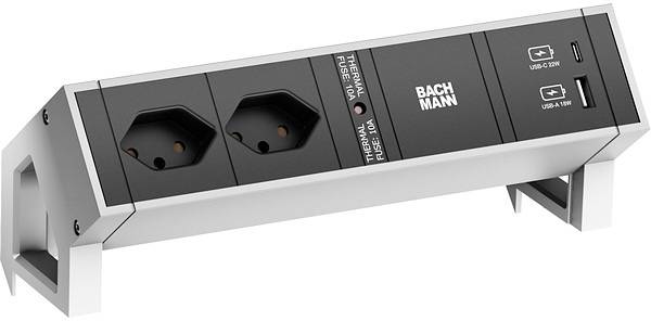 Bachmann Steckerleiste mit zwei europäischen Steckdosen, einem Schalter und zwei USB-Anschlüssen (Typ A und Typ C).