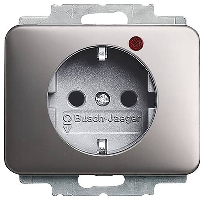 Elektrische Steckdose mit zwei runden Buchsen. Eine rote Kontrollleuchte befindet sich oben rechts. Die Markierung lautet „Busch-Jaeger