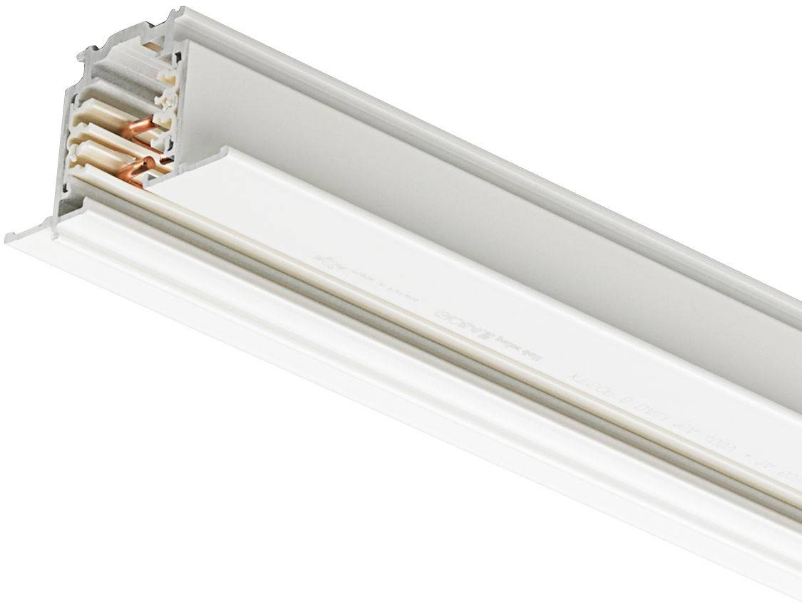 Eine weiße Schienenstrahler-Schiene mit sichtbaren internen Kupferverbindern, die zur Montage und Stromversorgung von Schienenstrahler verwendet wird.