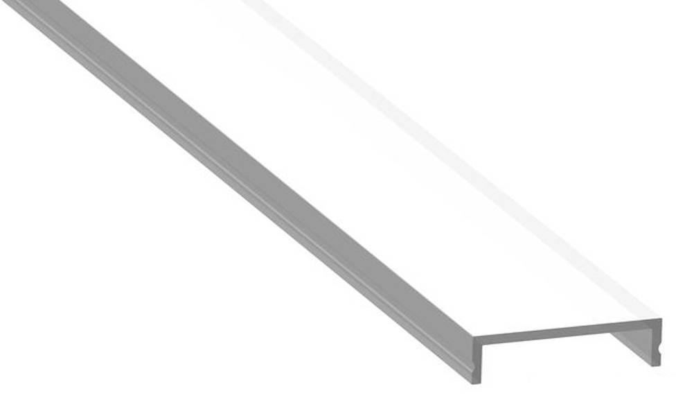 Eine klare, angewinkelte Ansicht eines flachen, länglichen U-förmigen Kanals in einer Volltonfarbe, wahrscheinlich zur Befestigung oder zum Abdecken von Kanten oder als Verkleidung.