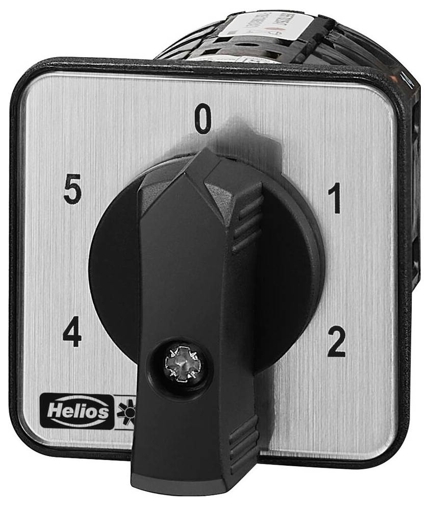 Ein Drehschalter mit schwarzem Knopf auf einer metallischen Platte, nummeriert von 0 bis 5, Marke 'Helios'.
