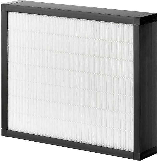 Ein rechteckiger Luftfilter aus gefälteltem weißem Material, eingefasst in einem schwarzen Rahmen, entwickelt um Partikel aus der Luft zu entfernen.