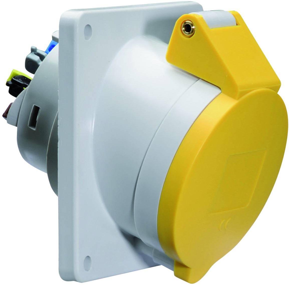Eine gelbe Steckdose für industrielle Anwendungen mit grauem Sockel, ausgestattet mit mehreren farbigen Drähten auf der Rückseite, montiert auf einem flachen Panel.