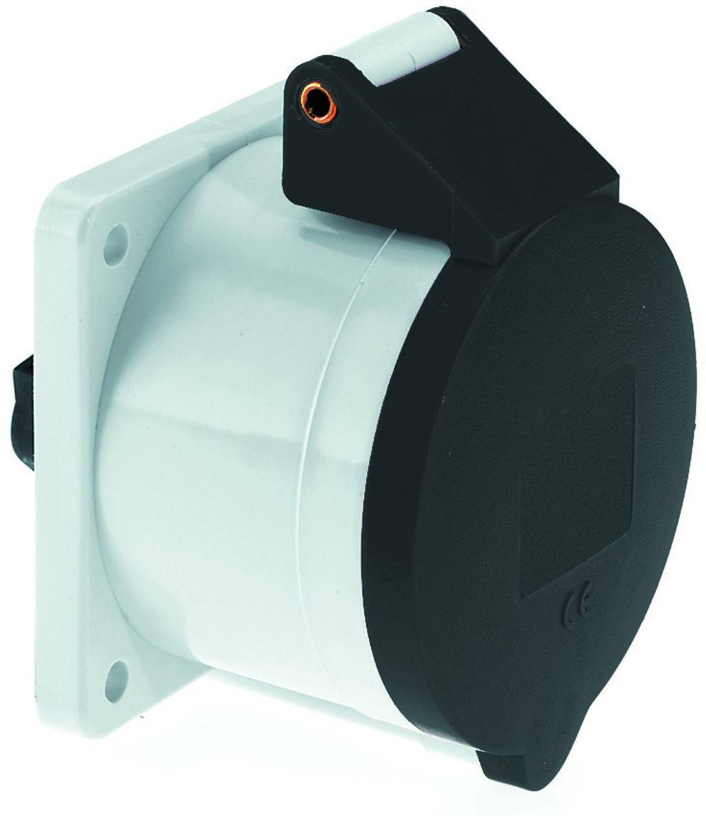 Ein rundes industrielles Stromauslassgerät mit schwarzer Abdeckung auf einer weißen Montierplatte, konzipiert für nahtlose Wandintegration.