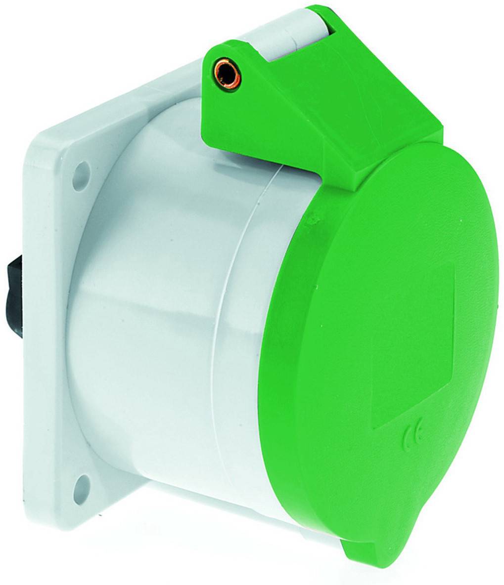 Seitenansicht einer grünen und weißen zylindrischen Steckdose mit aufklappbarem Deckel, vertikal auf einer ebenen Fläche positioniert.