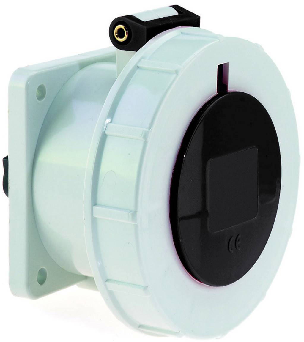 Ein türkisfarbener, industrieller elektrischer Stecker mit schwarzem kreisförmigem Zentrum, der zum sicheren Verbinden von Kabeln verwendet wird.