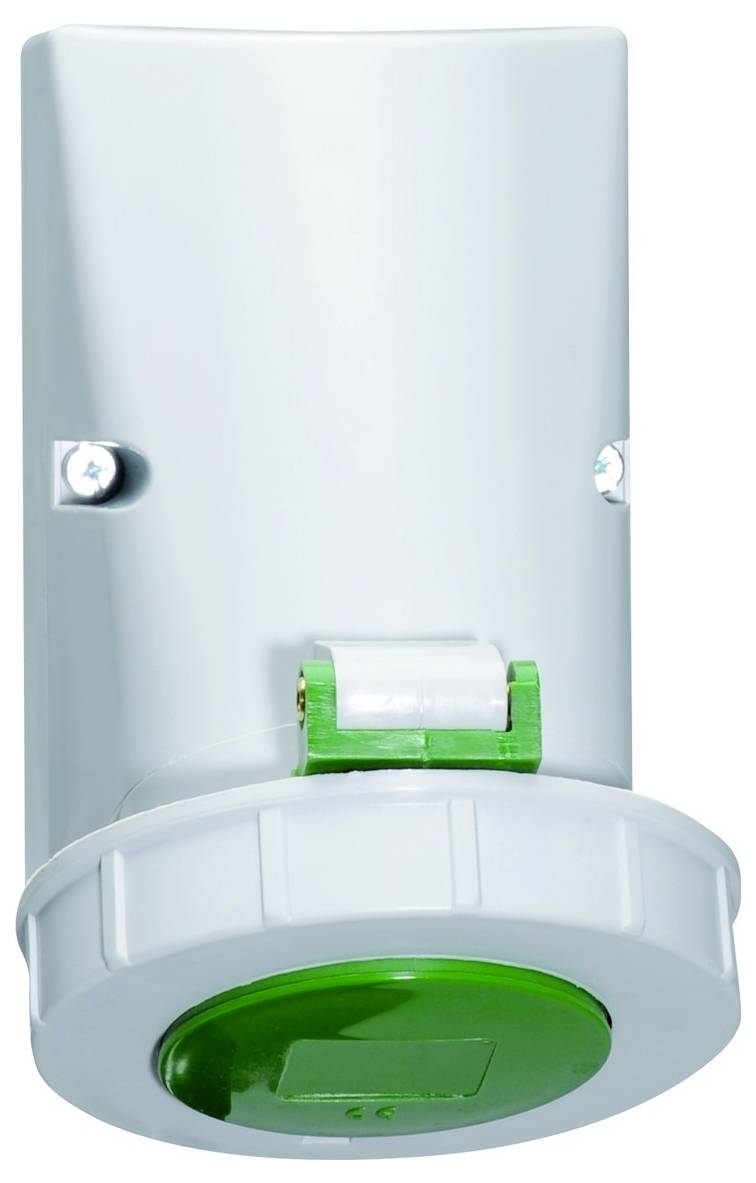 Ein vertikaler, weiß-grüner zylindrischer Spender an der Wand montiert, mit einer transparenten Abdeckung und einem sichtbaren grünen Knopf.