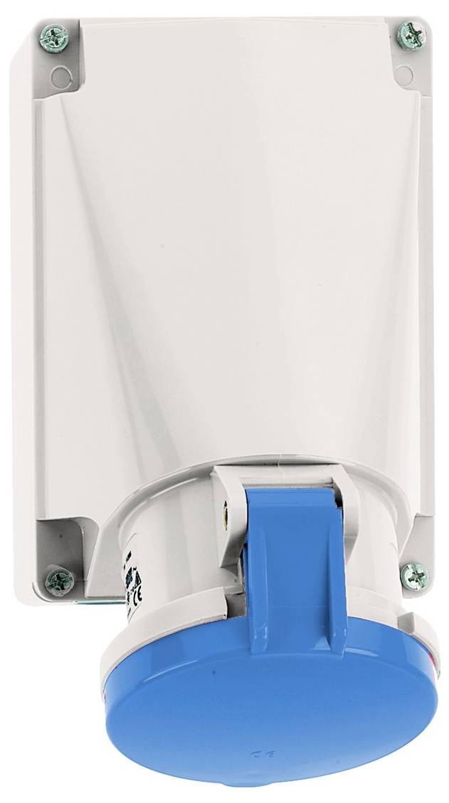 Eine weiße Steckdose mit blauer Abdeckung an einer Wand montiert.