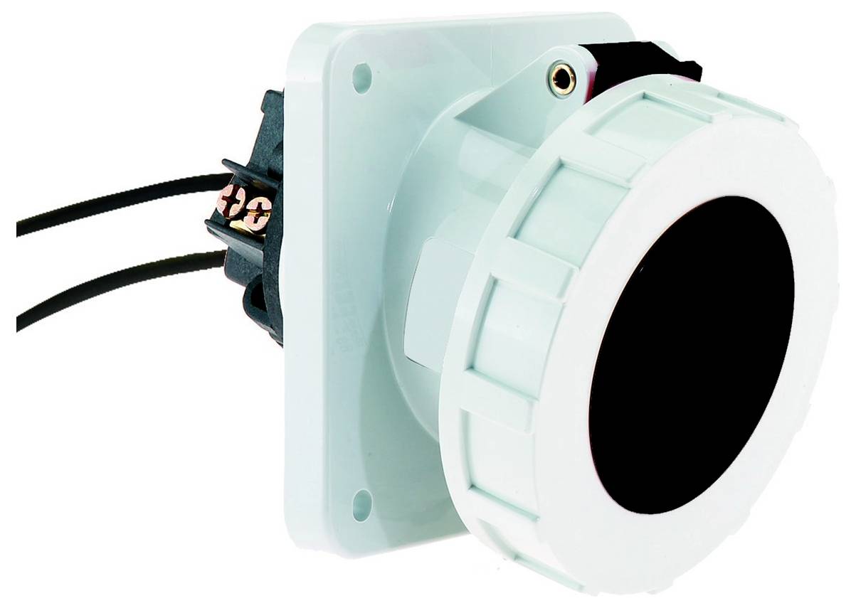 Eine weiß-schwarze elektrische Komponente mit angebrachten Drähten, möglicherweise ein Stecker oder Anschluss, auf einer hellgefärbten Basis montiert.