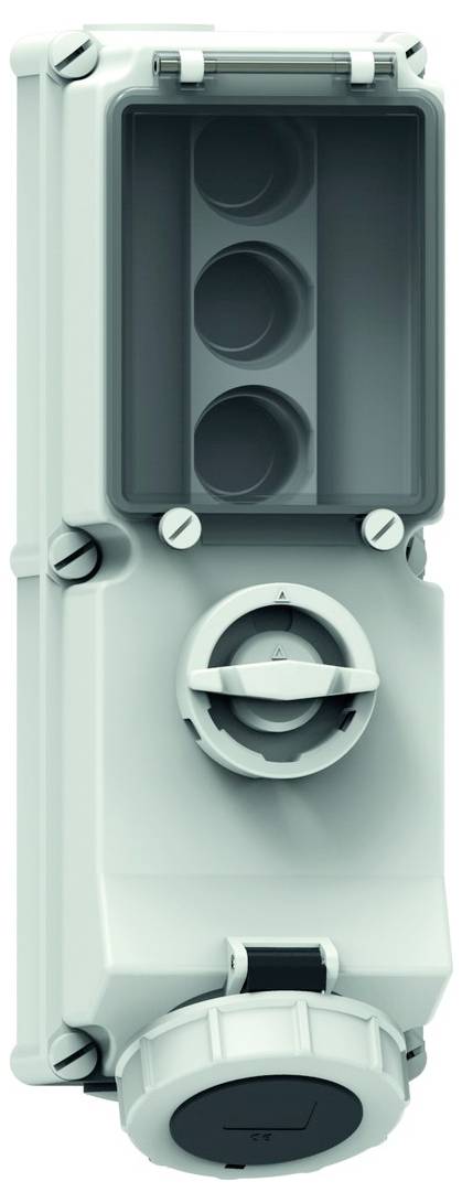 Ein industrielles Elektrogehäuse mit einem Drehschalter und mehreren Kabeleinführungspunkten, das für den Außeneinsatz oder raue Umgebungen konzipiert ist.