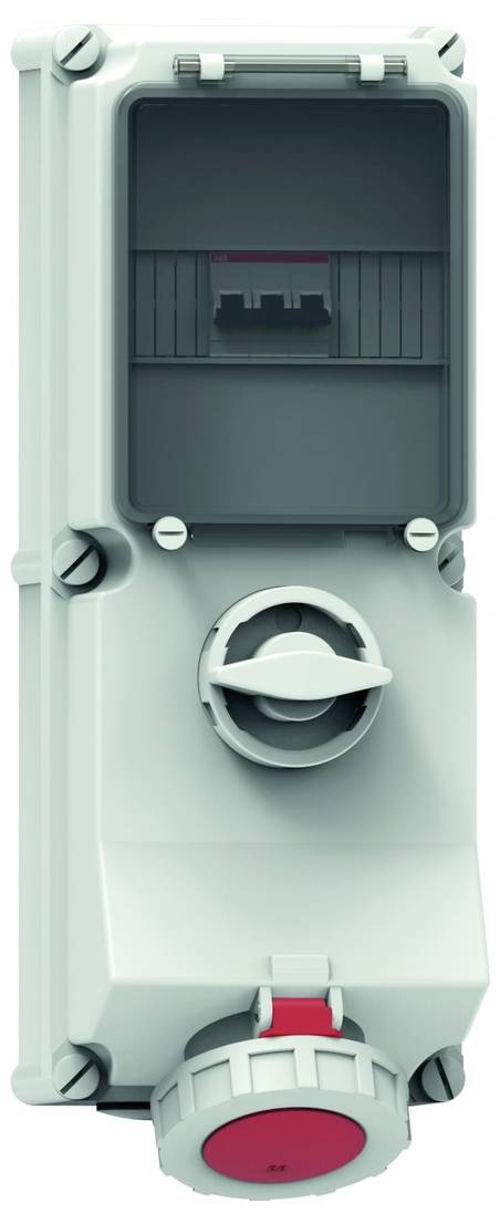 Ein grauer Industrie-Elektroschrank mit transparentem Deckel und rotem Verschlussmechanismus am unteren Teil.