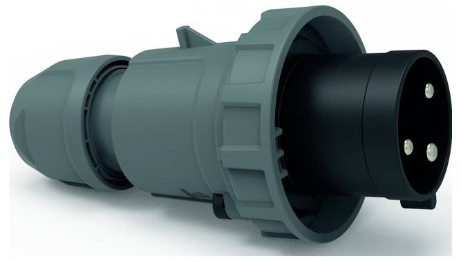 Ein grüner Industrie-Stecker mit drei sichtbaren Kontakten, die ein robustes, zylindrisches Design für Hochleistungs-Stromverbindungen zeigen.