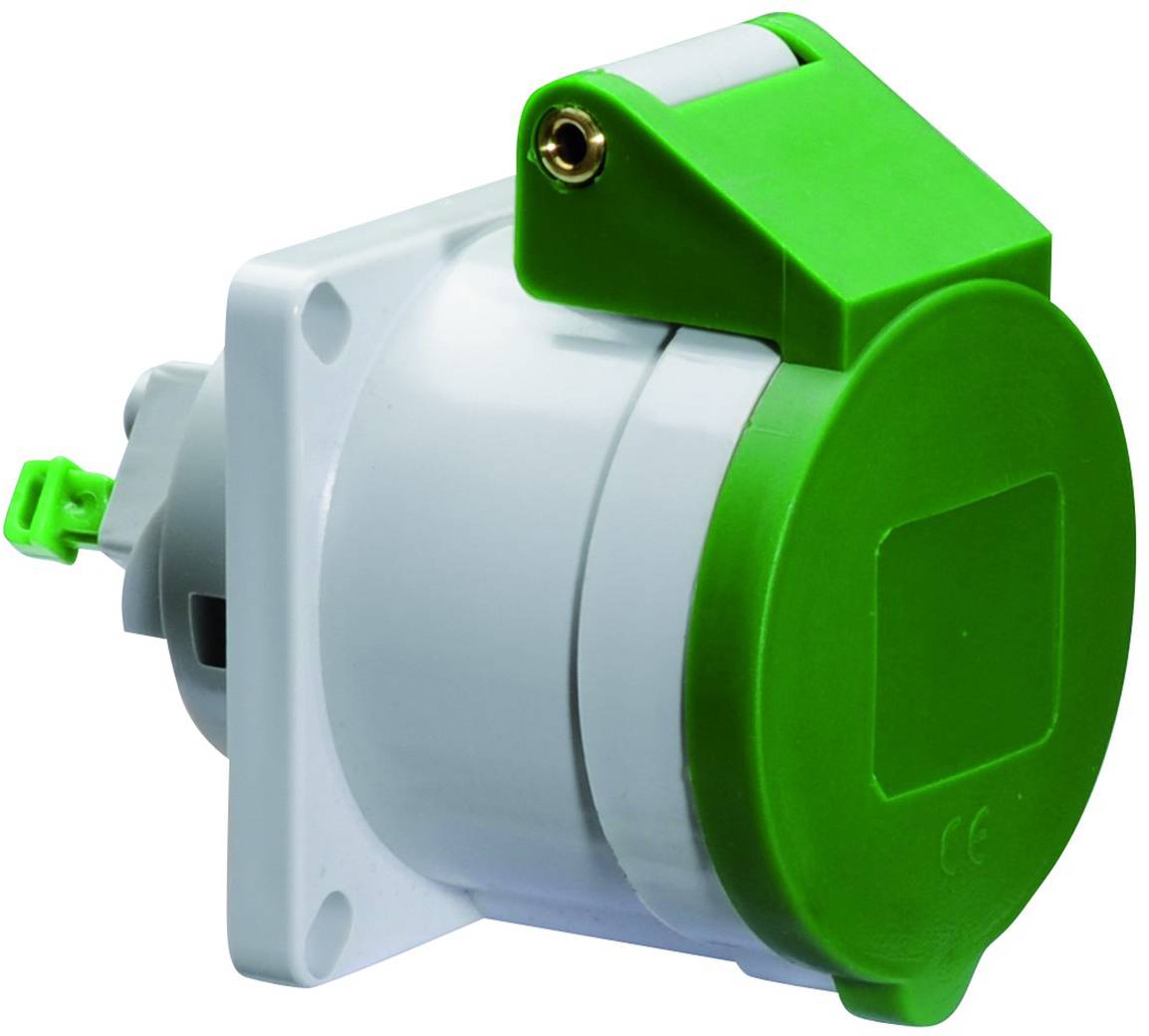 Ein grünes und weißes industrielles Elektrosteckdose mit Schutzdeckel, entwickelt für Sicherheit und Langlebigkeit in verschiedenen Umgebungen.