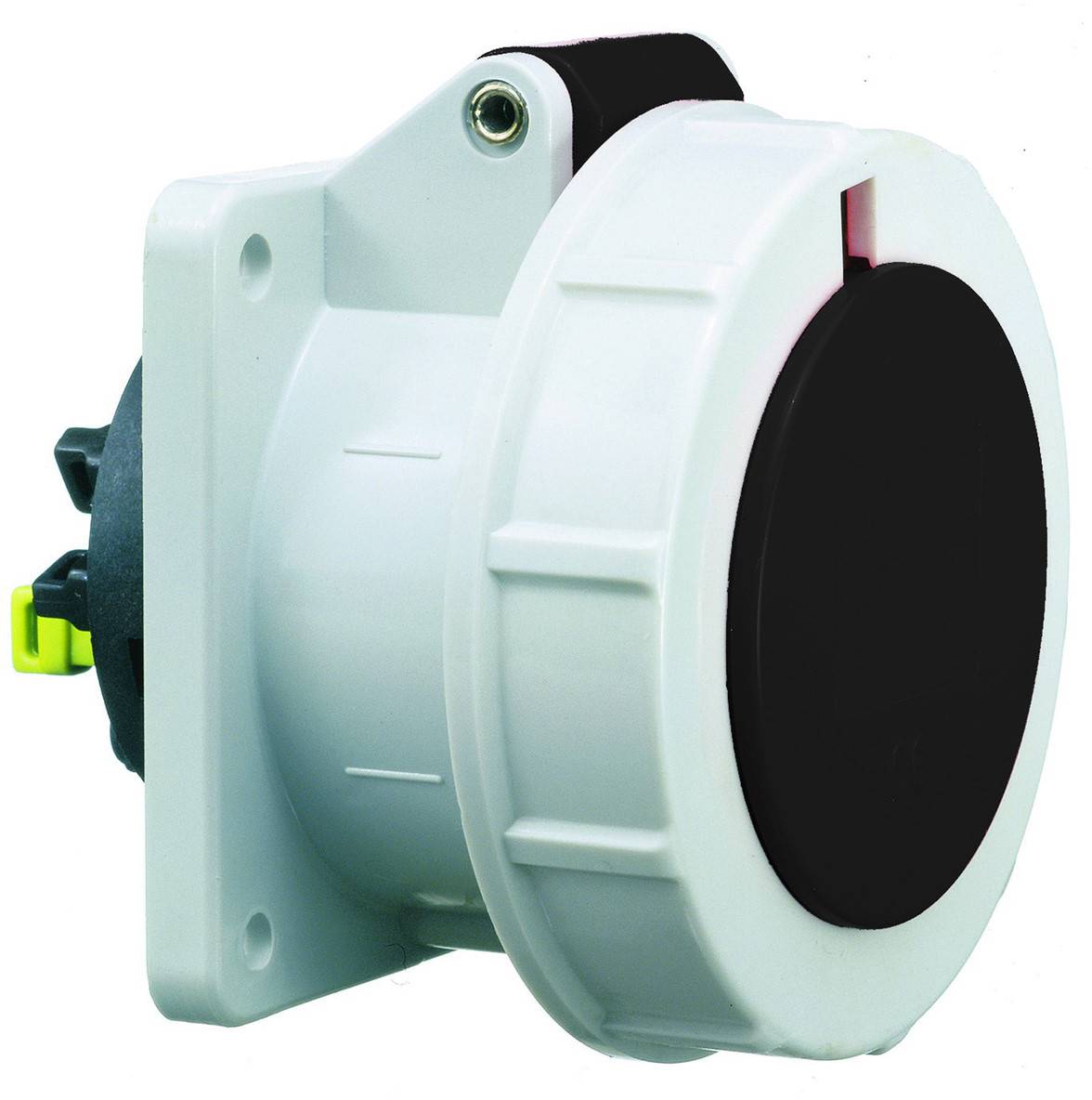 Ein weißer Industrie-Elektrostecker mit kreisförmigem schwarzem Mittelteil und grüner Verriegelung, verwendet für Hochleistungs-Stromverbindungen.