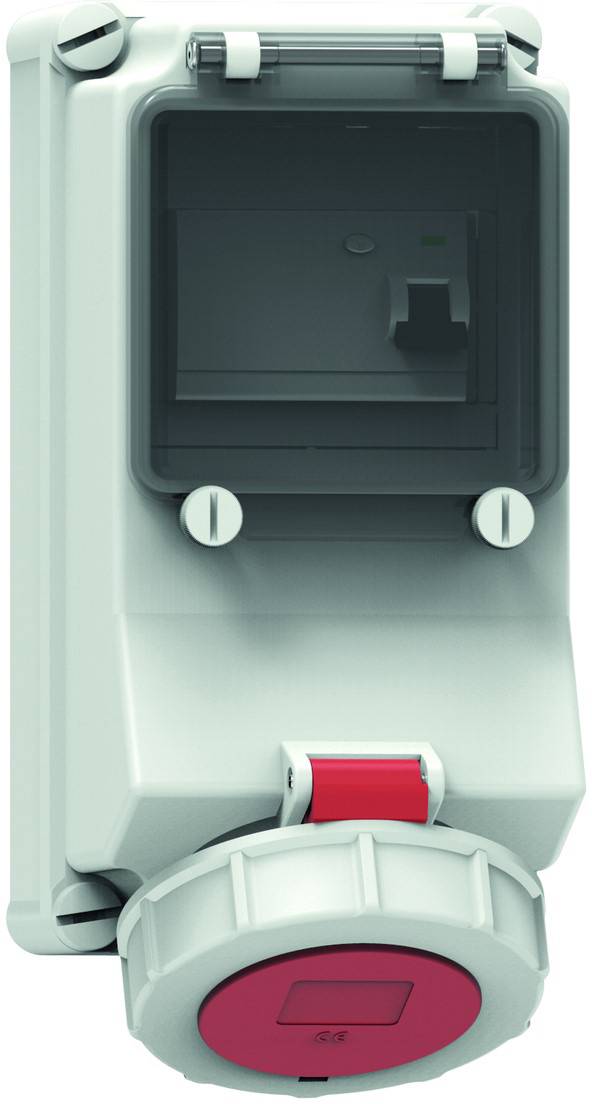 Wandmontierte elektrische Steckdose mit Schutzabdeckung, ausgestattet mit einem roten Drehschalter unten zur Steuerung des Stromflusses.