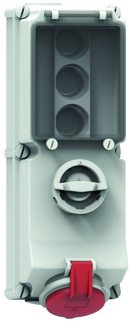 Industrielles Elektroschaltschrank mit zentralem Drehschalter und roter Verriegelung.