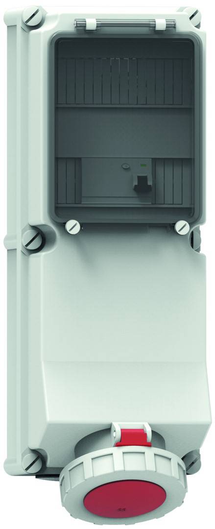 Ein weißer industrieller elektrischer Schalter mit einem roten Rundknopf, eingebaut in einer rechteckigen Box mit Metallschrauben an jeder Ecke.