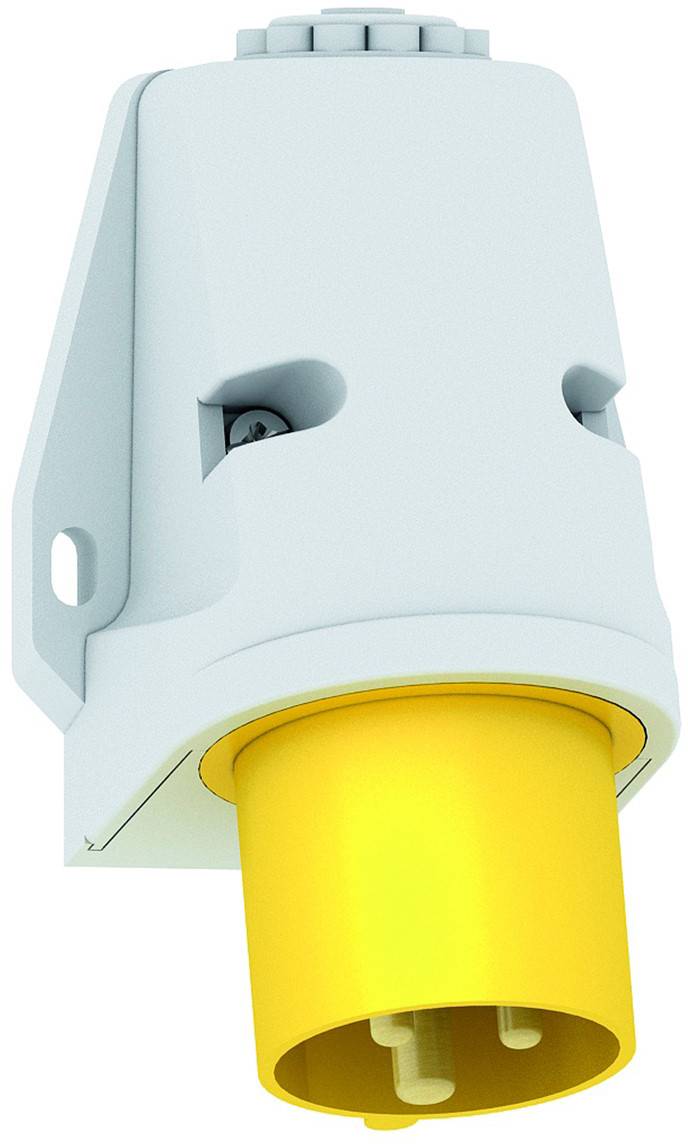 Ein elektrischer Stecker mit einem gelben Stecker und einem grauen Gehäuse, der für Industrieanwendungen verwendet wird.