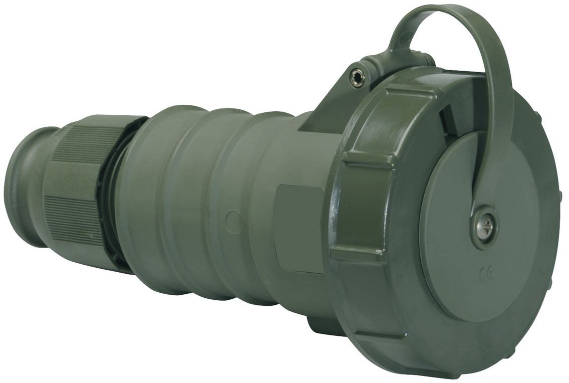 Ein grüner Industriestecker mit geripptem Gehäuse und einer geschlossenen, mit Verschluss ausgestatteten Kappe für sichere Verbindungen, die in anspruchsvollen Umgebungen eingesetzt wird.