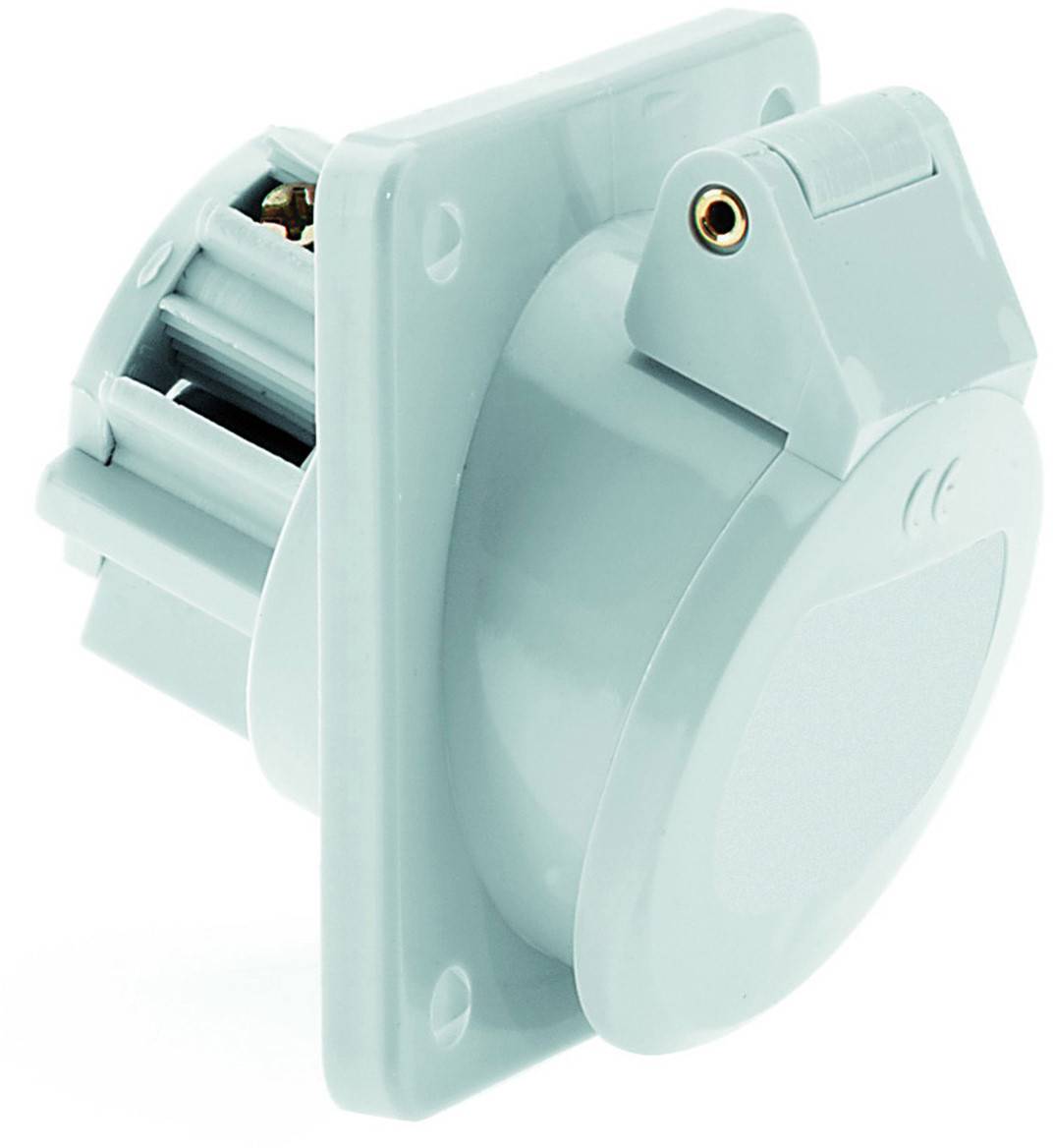 Eine blaue Steckdose mit einer Schutzkappe wird in einer Winkelansicht gezeigt, die ihr Design und ihre Funktionalität hervorhebt.