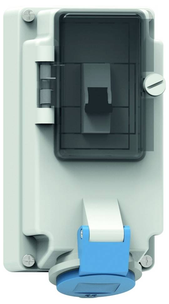 Ein rechteckiges, montiertes Elektrogehäuse mit transparentem Deckel und blauem Griff, das zum Schutz von Schutzschaltern verwendet wird.