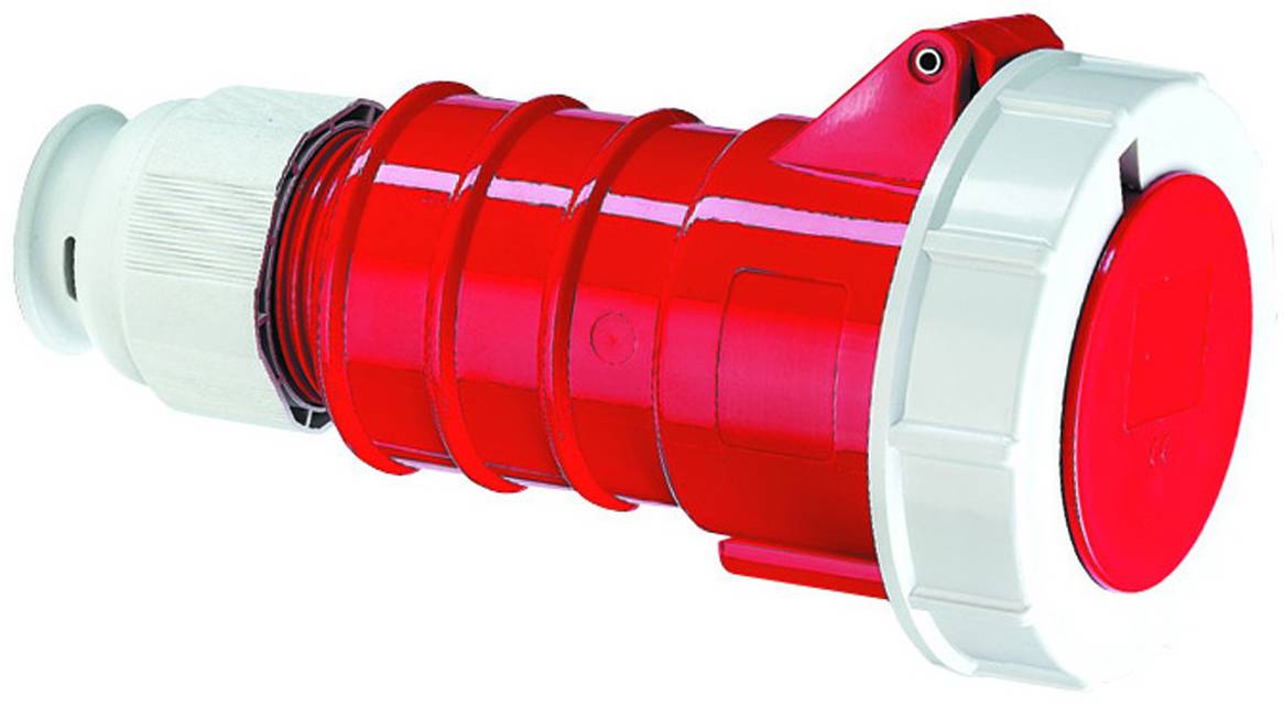 Roter Industrie-Stromstecker mit weißem Gewinde und Kappe, wird zum Anschluss von elektrischen Geräten an Stromquellen verwendet.
