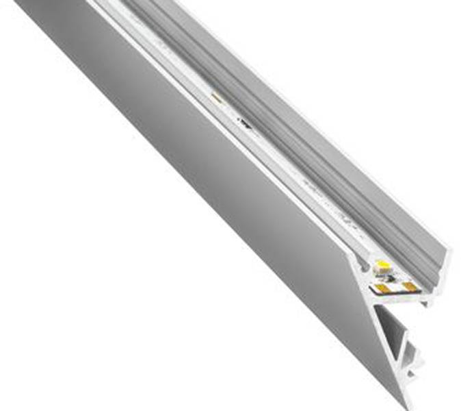 Licht-LED-Profil mit Aluminiumgehäuse, Seitenansicht mit internem LED-Streifen und Anschlüssen, konzipiert für versenkte architektonische Beleuchtung.