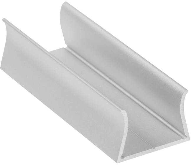 Ein silbernes, gekrümmtes Aluminium-Strangpressprofil mit Kanalform, entwickelt für konstruktive oder architektonische Anwendungen.