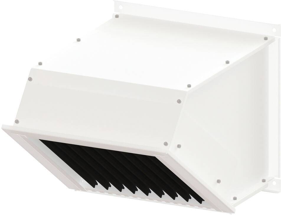 Eine weiße industrielle Lüftungsabdeckung mit geschlitzter Auslass-Öffnung. Sie ist für die Montage auf ebenen Flächen ausgelegt und wird wahrscheinlich für Lüftungszwecke verwendet.