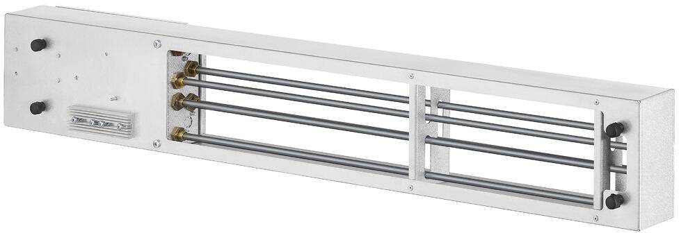 Ein metallisches Heizelement mit senkrechten Rohren, die in einem rechteckigen Rahmen eingebaut sind, entwickelt für die industrielle oder kommerzielle Anwendung in Klimaanlagensystemen.