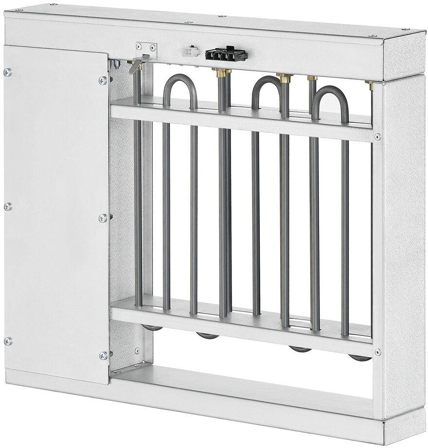 Metalllufterhitzer mit freiliegenden Heizelementen und einem Schutzgehäuse, verwendet in industriellen oder kommerziellen Belüftungssystemen.