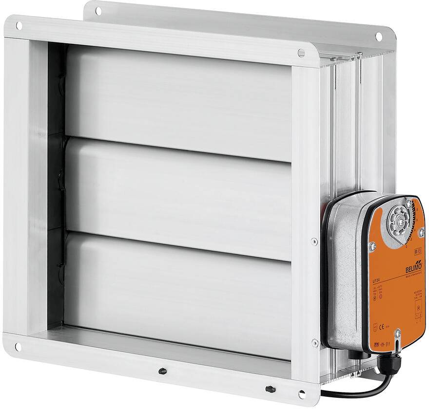 Ein rechteckiger Metallkanal-Drosselklappe für industrielle Kanäle mit einem orangefarbenen Stellantrieb an der Seite.