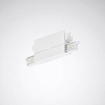 Rechteckiger weißer elektronischer Stecker mit Metallstiften auf beiden Seiten, vor einem schlichten grauen Hintergrund dargestellt.