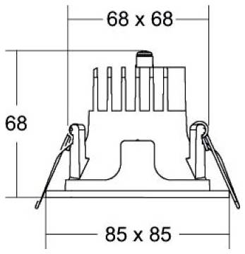 Technische Linienzeichnung einer quadratischen elektrischen Komponente, die 68 x 68 Abmessungen oben und an der Seite sowie 85 x 85 Basisabmessungen zeigt.