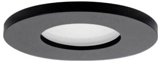 Schwarze runde, bündig montierte Deckenleuchte mit diffuser Innenseite aus weißem Material, in Nahaufnahme vor hellem Hintergrund dargestellt.