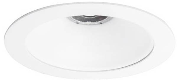 Ein weißer, bündig eingebauter Deckenleuchten-Einbaurahmen mit kreisförmiger Öffnung und reflektierendem inneren Ring.